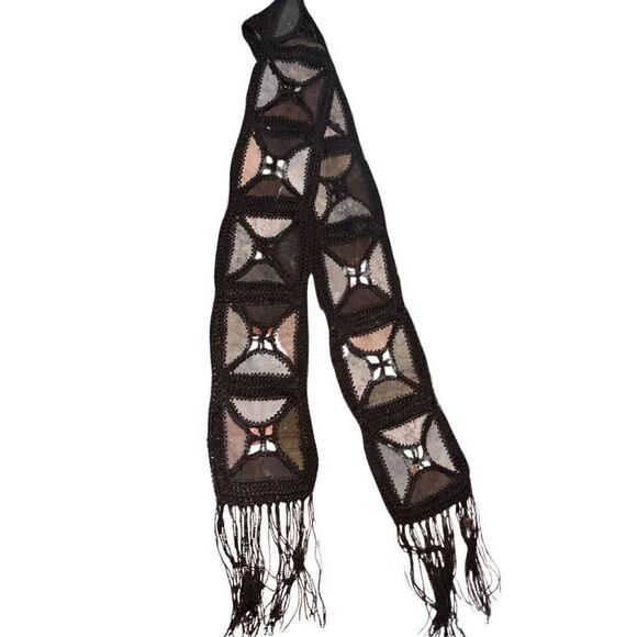 Vintage 1970s Sash Belt Leather Macrame Crochet Scarf - Picture 2 of 14